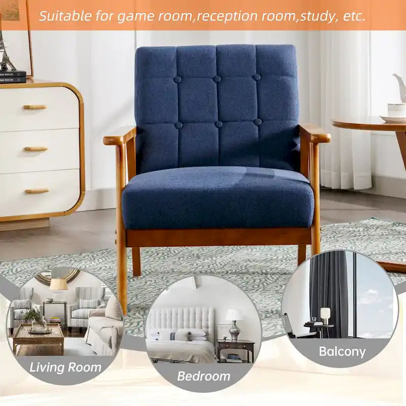 Sillón decorativo tapizado en lino/PU con botones y patas de madera para sala de estar/dormitorio