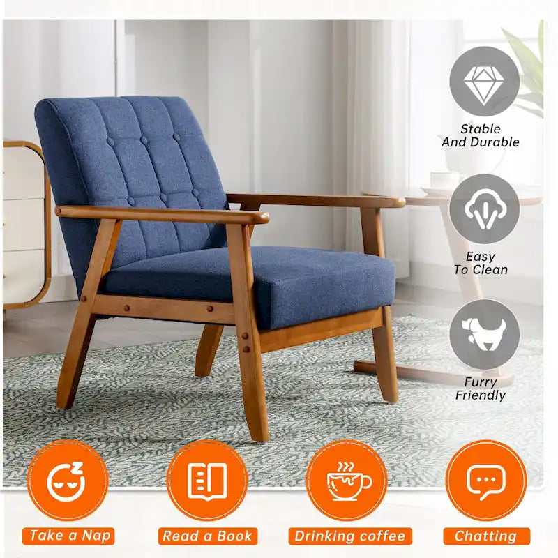 Sillón decorativo tapizado en lino/PU con botones y patas de madera para sala de estar/dormitorio