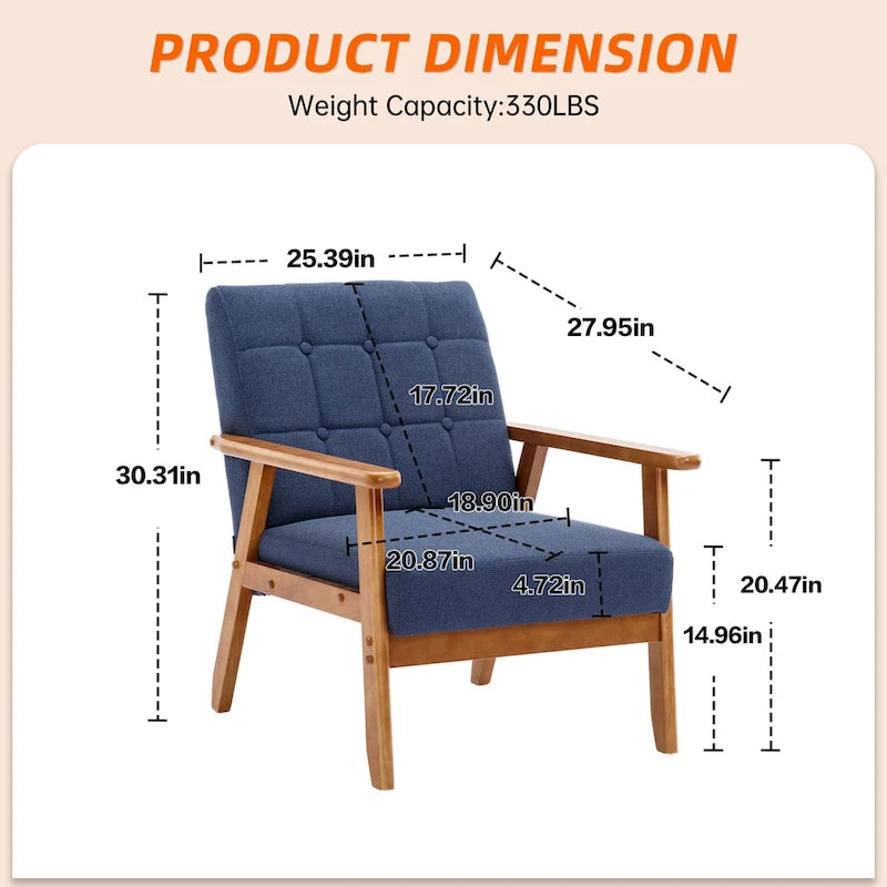 Sillón decorativo tapizado en lino/PU con botones y patas de madera para sala de estar/dormitorio