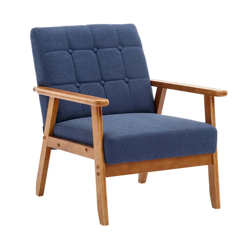 Sillón decorativo tapizado en lino/PU con botones y patas de madera para sala de estar/dormitorio