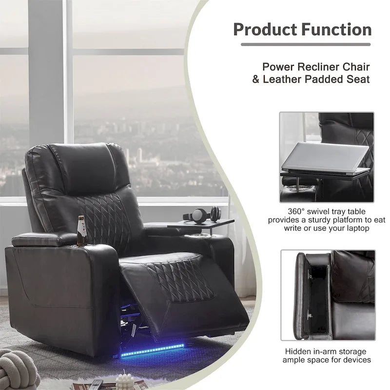 Sillón reclinable eléctrico con puerto de carga USB, bandeja giratoria y portavasos