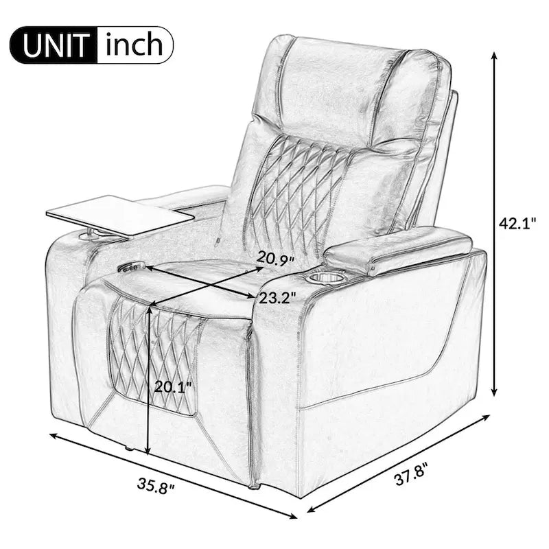 Sillón reclinable eléctrico con puerto de carga USB, bandeja giratoria y portavasos