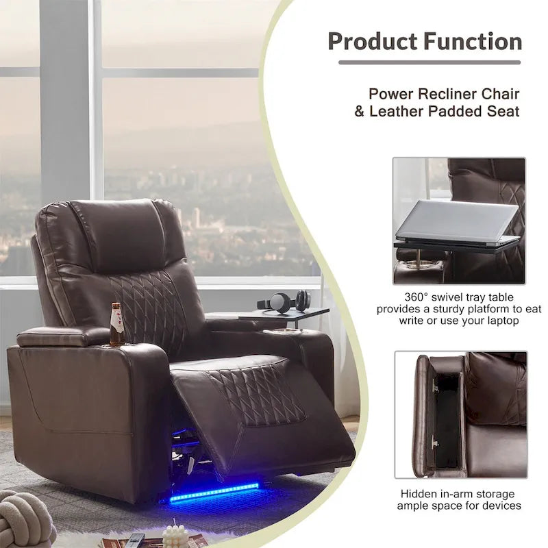 Sillón reclinable eléctrico con puerto de carga USB, bandeja giratoria y portavasos