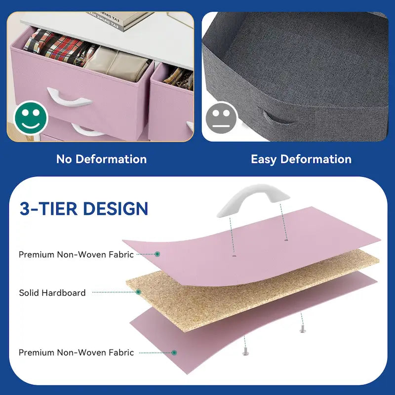 Cómoda horizontal de 5 cajones con tablero de madera – Cajones de tela, estructura de metal