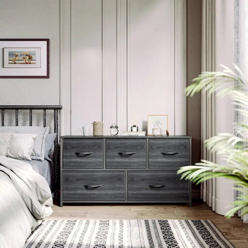 Cómoda horizontal de 5 cajones con tablero de madera – Cajones de tela, estructura de metal