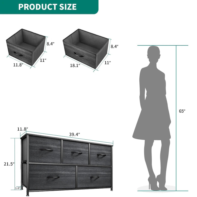 Cómoda horizontal de 5 cajones con tablero de madera – Cajones de tela, estructura de metal