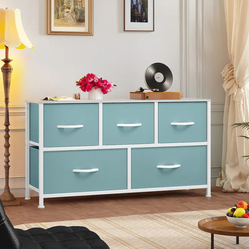Cómoda horizontal de 5 cajones con tablero de madera – Cajones de tela, estructura de metal
