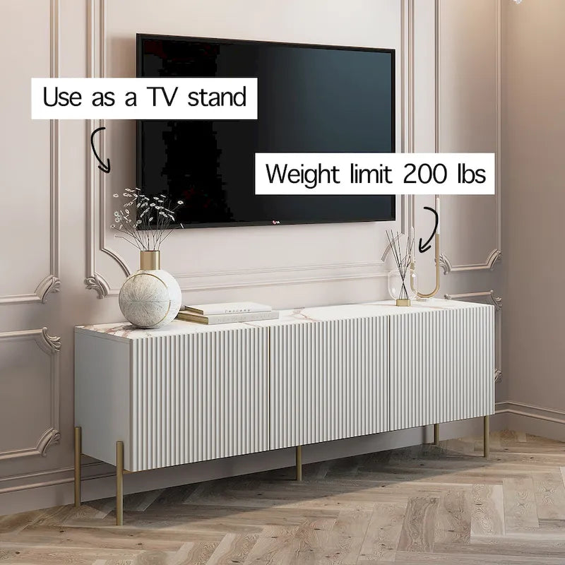 Consola/Mueble de TV beige con patas de metal – Diseño art déco, para televisores de hasta 65 pulgadas.