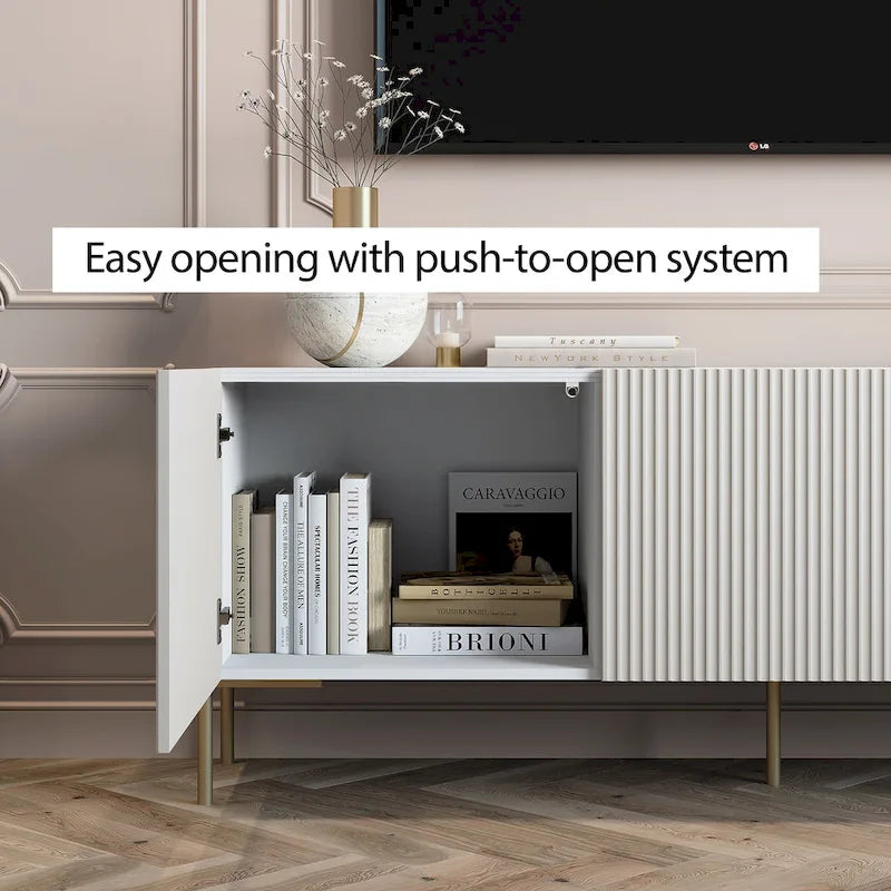 Consola/Mueble de TV beige con patas de metal – Diseño art déco, para televisores de hasta 65 pulgadas.