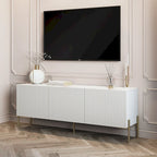 Consola/Mueble de TV beige con patas de metal – Diseño art déco, para televisores de hasta 65 pulgadas.