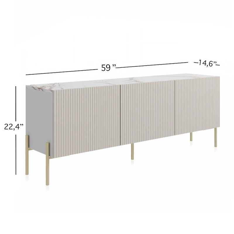 Consola/Mueble de TV beige con patas de metal – Diseño art déco, para televisores de hasta 65 pulgadas.