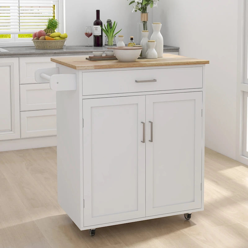 Carro de isla de cocina con superficie de madera maciza, armario, cajones y ruedas con freno