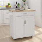 Carro de isla de cocina con superficie de madera maciza, armario, cajones y ruedas con freno