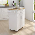 Carro de isla de cocina con superficie de madera maciza, armario, cajones y ruedas con freno