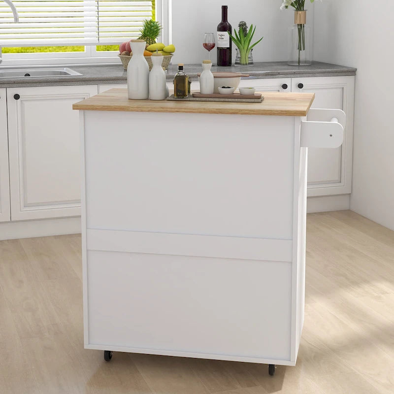 Carro de isla de cocina con superficie de madera maciza, armario, cajones y ruedas con freno