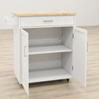 Carro de isla de cocina con superficie de madera maciza, armario, cajones y ruedas con freno