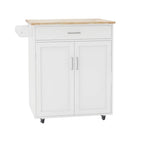 Carro de isla de cocina con superficie de madera maciza, armario, cajones y ruedas con freno