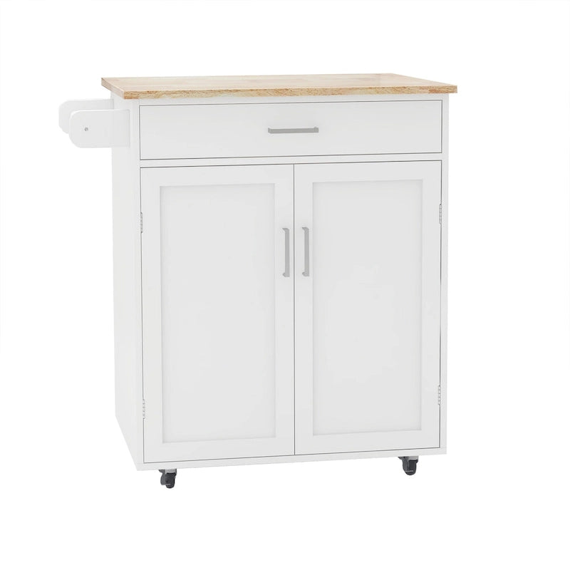 Carro de isla de cocina con superficie de madera maciza, armario, cajones y ruedas con freno