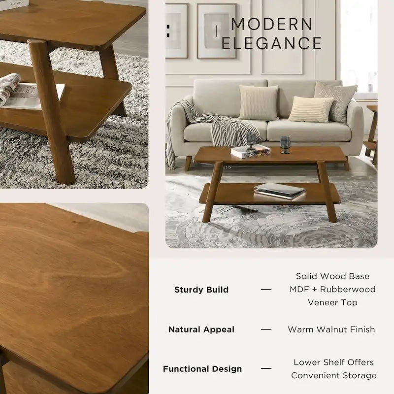 Mesa de centro con estante de madera de estilo moderno de mediados de siglo