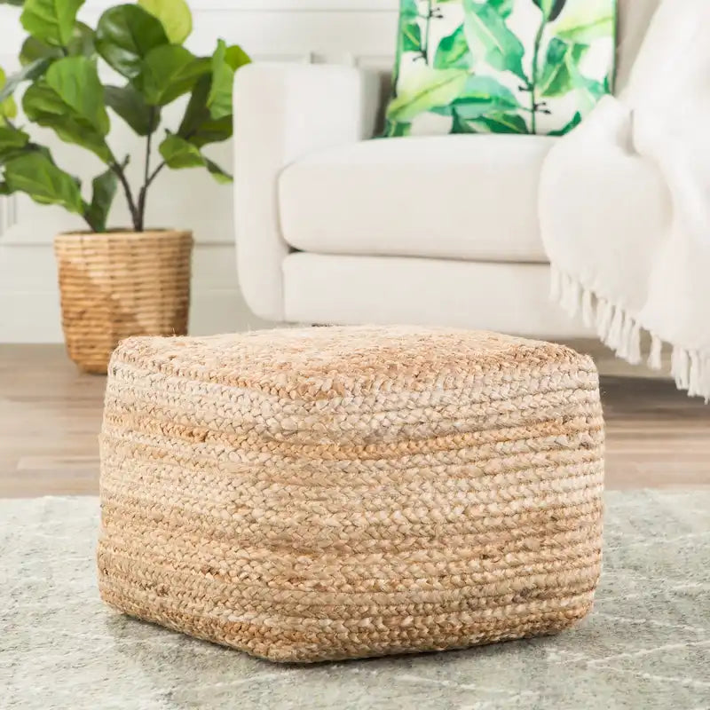 Puf otomano cuadrado de yute tejido a mano – Puf bohemio natural para salón