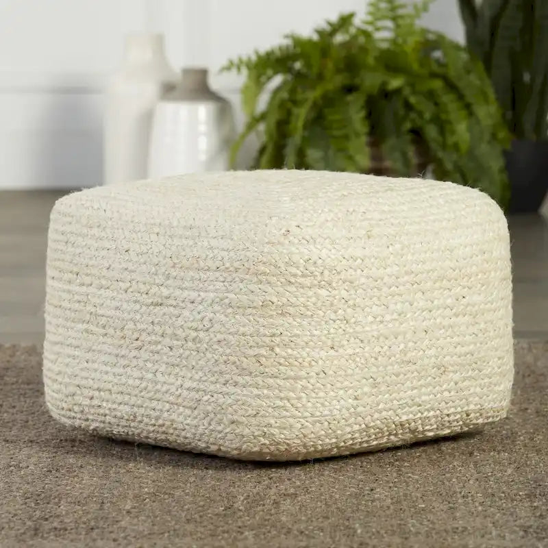 Puf otomano cuadrado de yute tejido a mano – Puf bohemio natural para salón