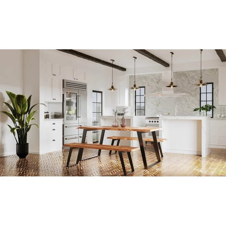 Mesa de comedor de madera maciza con borde natural – Acacia, patas de acero inoxidable