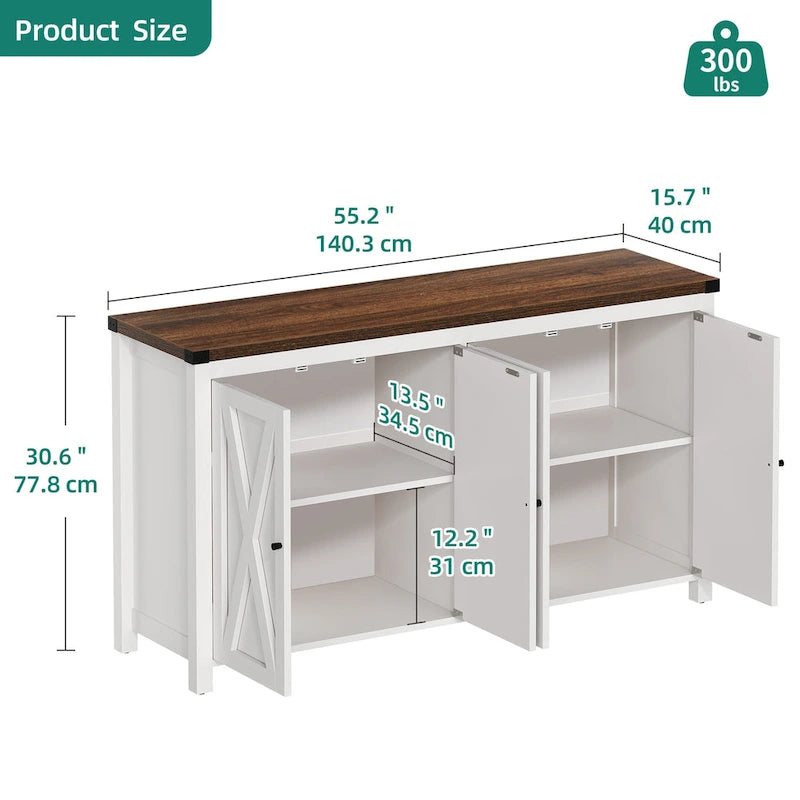Aparador de cocina rústico de 4 puertas y 55" – Versátil mueble de almacenamiento