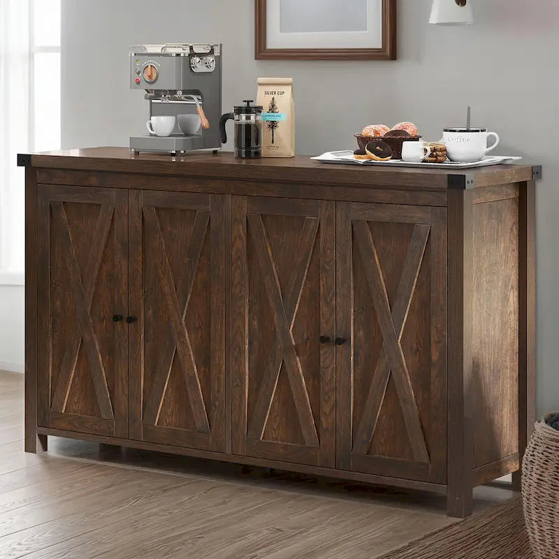 Aparador de cocina rústico de 4 puertas y 55" – Versátil mueble de almacenamiento
