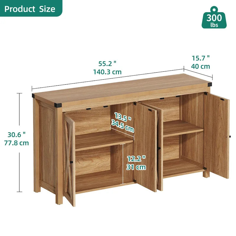 Aparador de cocina rústico de 4 puertas y 55" – Versátil mueble de almacenamiento