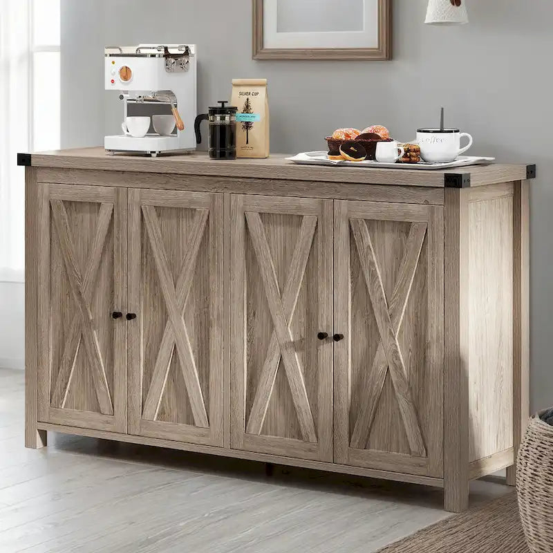 Aparador de cocina rústico de 4 puertas y 55" – Versátil mueble de almacenamiento