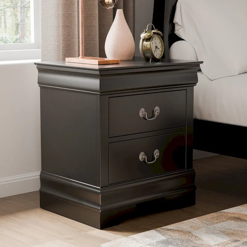 Mesita de noche tradicional de madera maciza con 2 cajones – 4 colores, tiradores antiguos