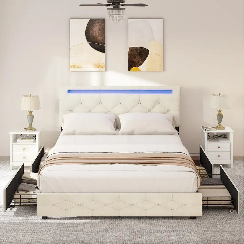 Cama de plataforma con cabecero tapizado ajustable Queen, marco de cama LED con 4 cajones de almacenamiento