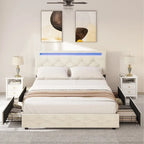 Cama de plataforma con cabecero tapizado ajustable Queen, marco de cama LED con 4 cajones de almacenamiento