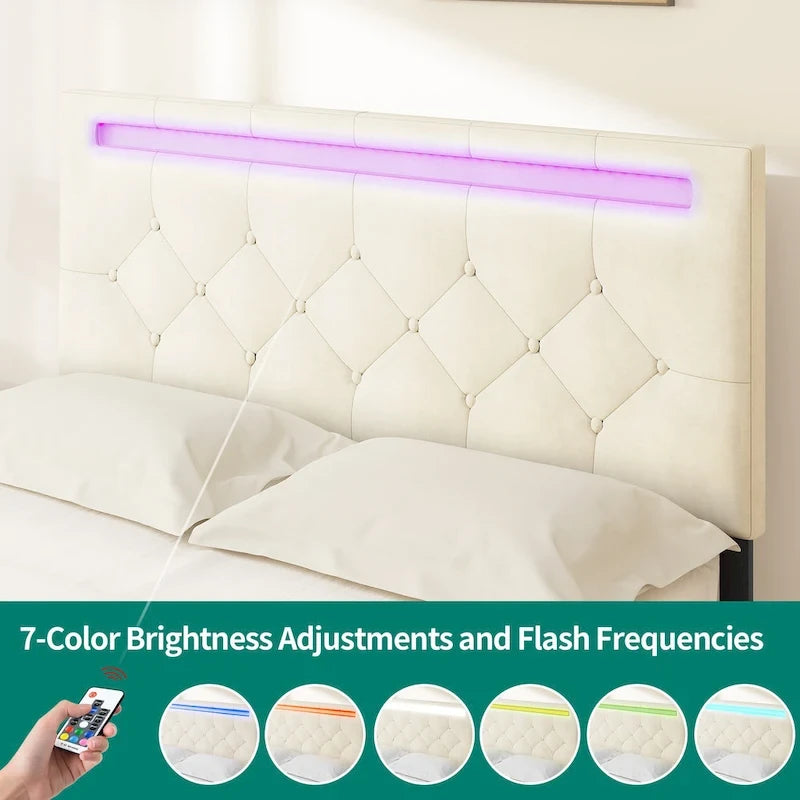 Cama de plataforma con cabecero tapizado ajustable Queen, marco de cama LED con 4 cajones de almacenamiento