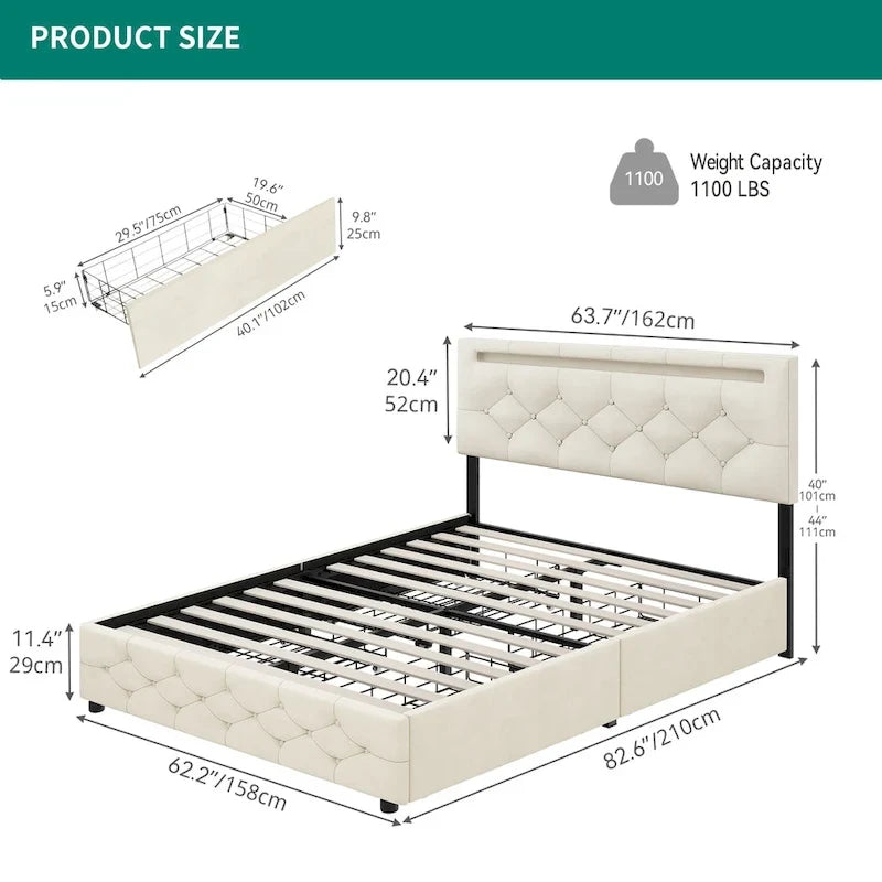 Cama de plataforma con cabecero tapizado ajustable Queen, marco de cama LED con 4 cajones de almacenamiento