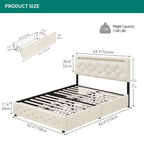 Cama de plataforma con cabecero tapizado ajustable Queen, marco de cama LED con 4 cajones de almacenamiento