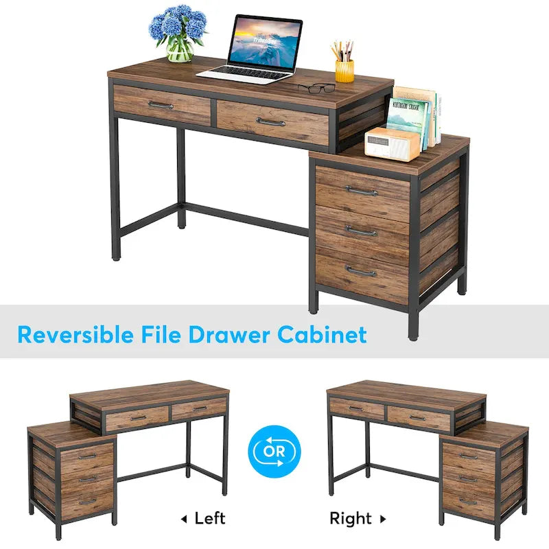 Escritorio de 39" con 5 cajones y archivador reversible – Marrón rústico