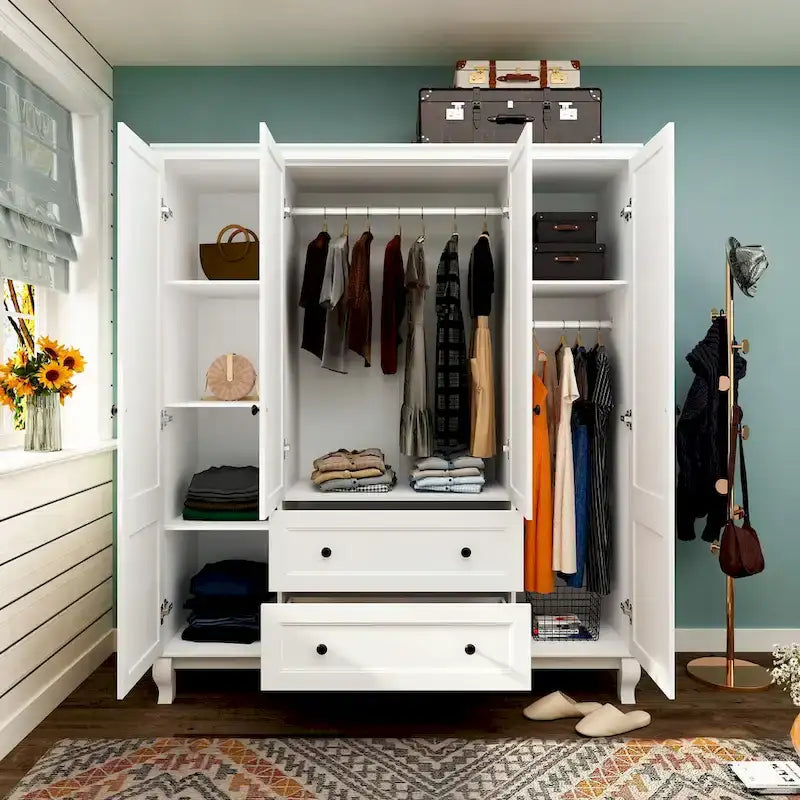 Armario ropero de madera de 63" – Laca blanca, 4 puertas y 2 cajones
