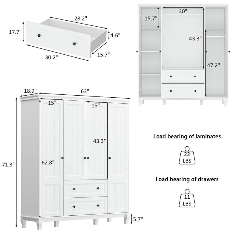 Armario ropero de madera de 63" – Laca blanca, 4 puertas y 2 cajones