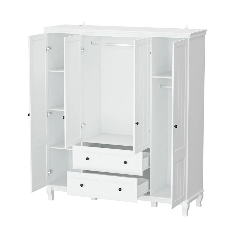 Armario ropero de madera de 63" – Laca blanca, 4 puertas y 2 cajones