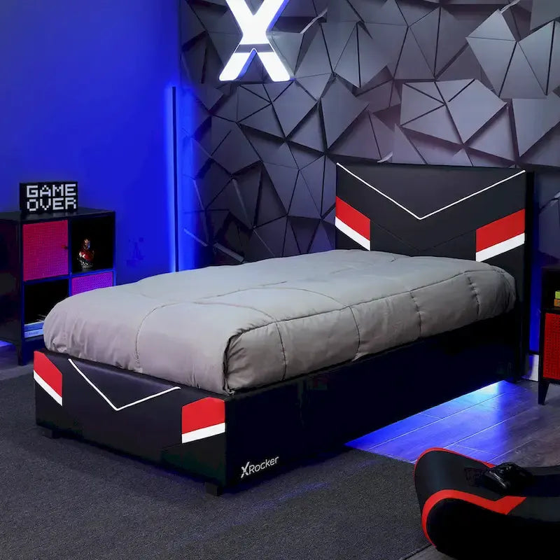 Estructura de cama individual Twin Gaming – Diseño de carreras en negro y rojo para niños y adolescentes
