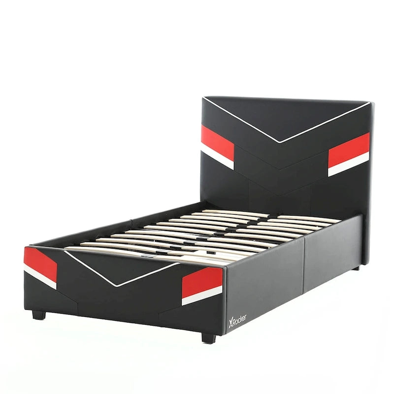 Estructura de cama individual Twin Gaming – Diseño de carreras en negro y rojo para niños y adolescentes