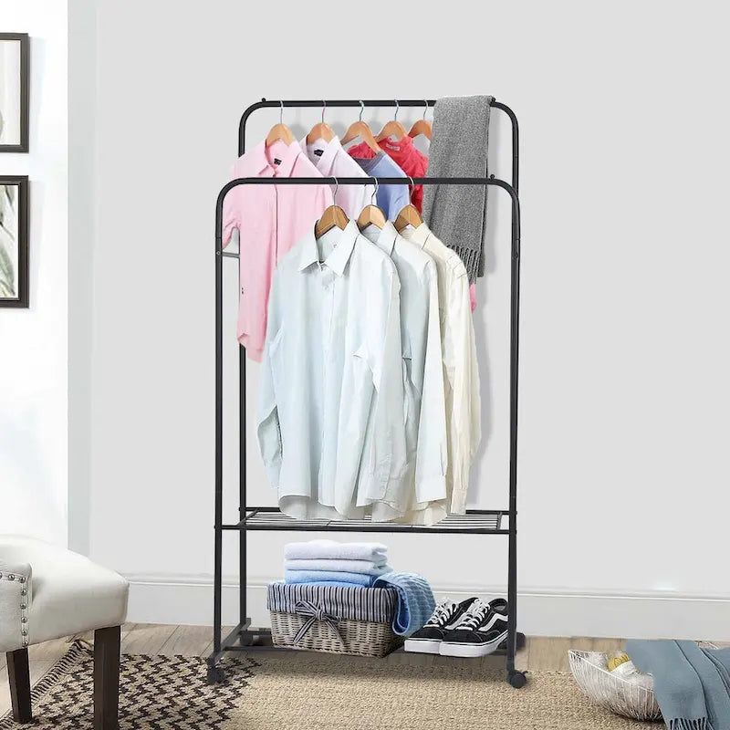 Burro de ropa rodante con riel doble, estante de malla y ruedas con seguro – 2 colores