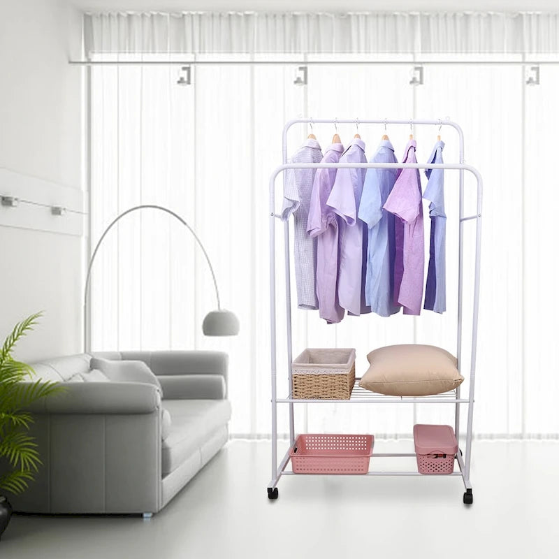 Burro de ropa rodante con riel doble, estante de malla y ruedas con seguro – 2 colores