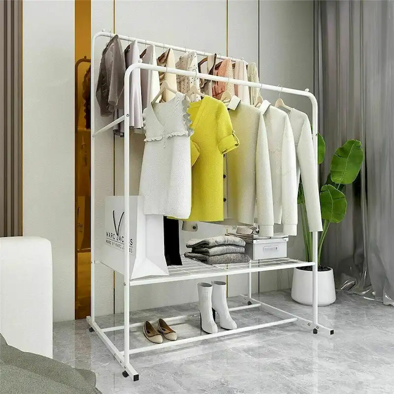 Burro de ropa rodante con riel doble, estante de malla y ruedas con seguro – 2 colores
