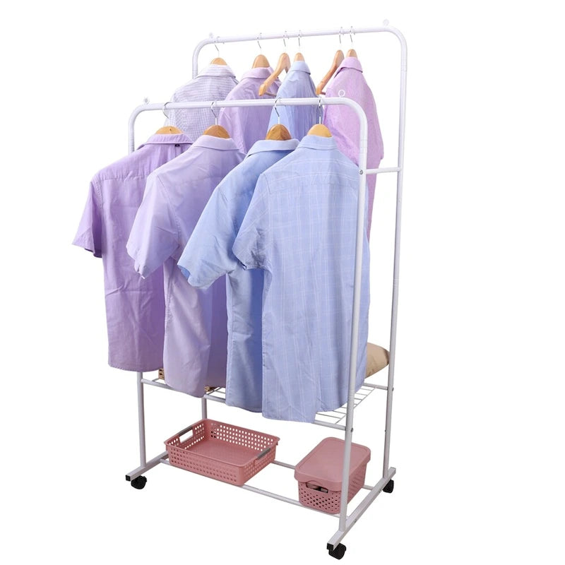 Burro de ropa rodante con riel doble, estante de malla y ruedas con seguro – 2 colores