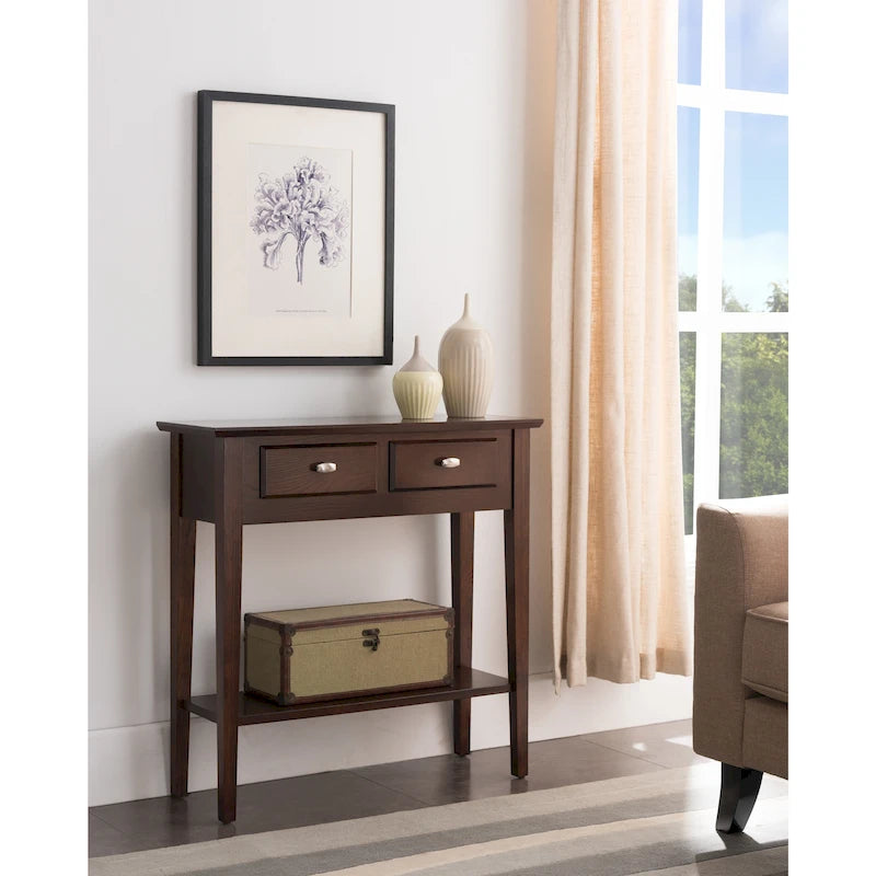 Mesa consola de madera maciza de fresno con 2 cajones y estante abierto – 2 acabados