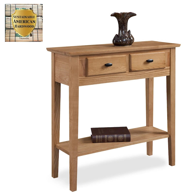 Mesa consola de madera maciza de fresno con 2 cajones y estante abierto – 2 acabados