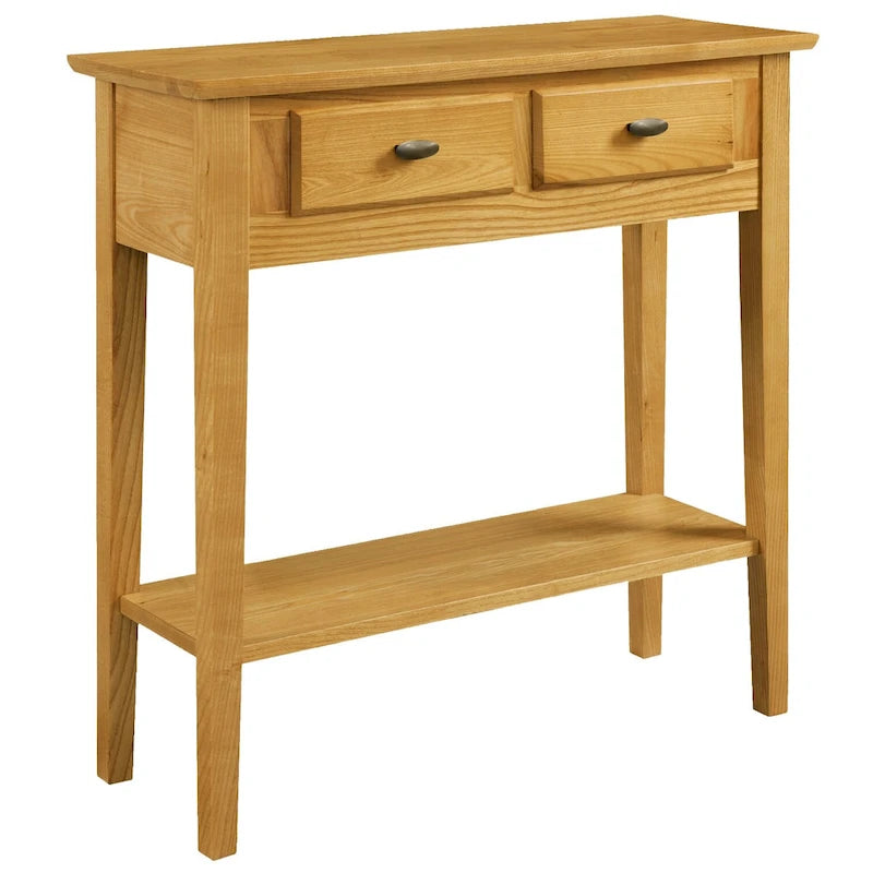 Mesa consola de madera maciza de fresno con 2 cajones y estante abierto – 2 acabados