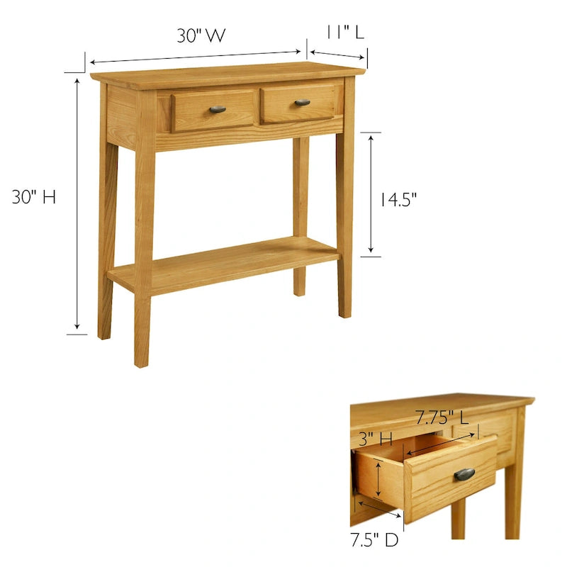 Mesa consola de madera maciza de fresno con 2 cajones y estante abierto – 2 acabados